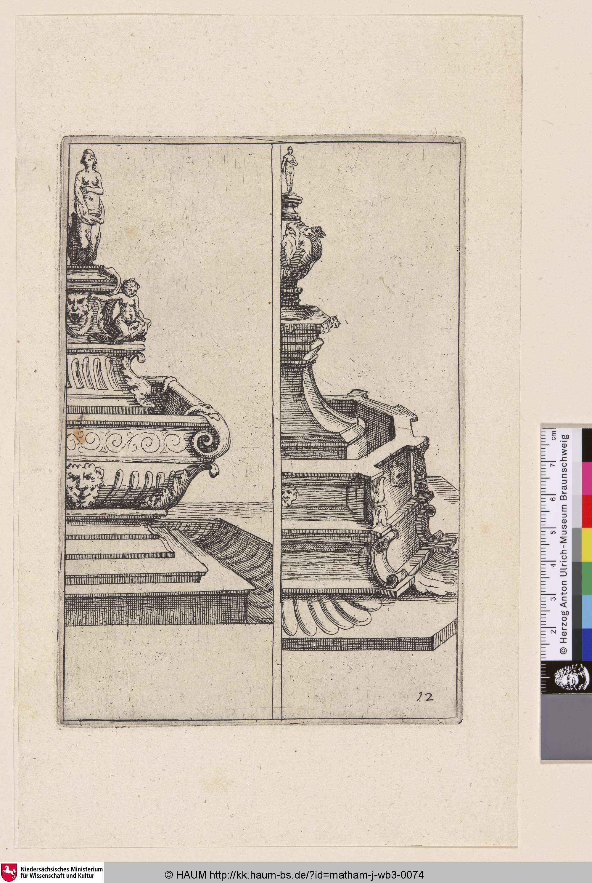 [Zwei Brunnen (rechte Hälften); Two fountains (right halves only)], Peter Flötner, 1608–1612