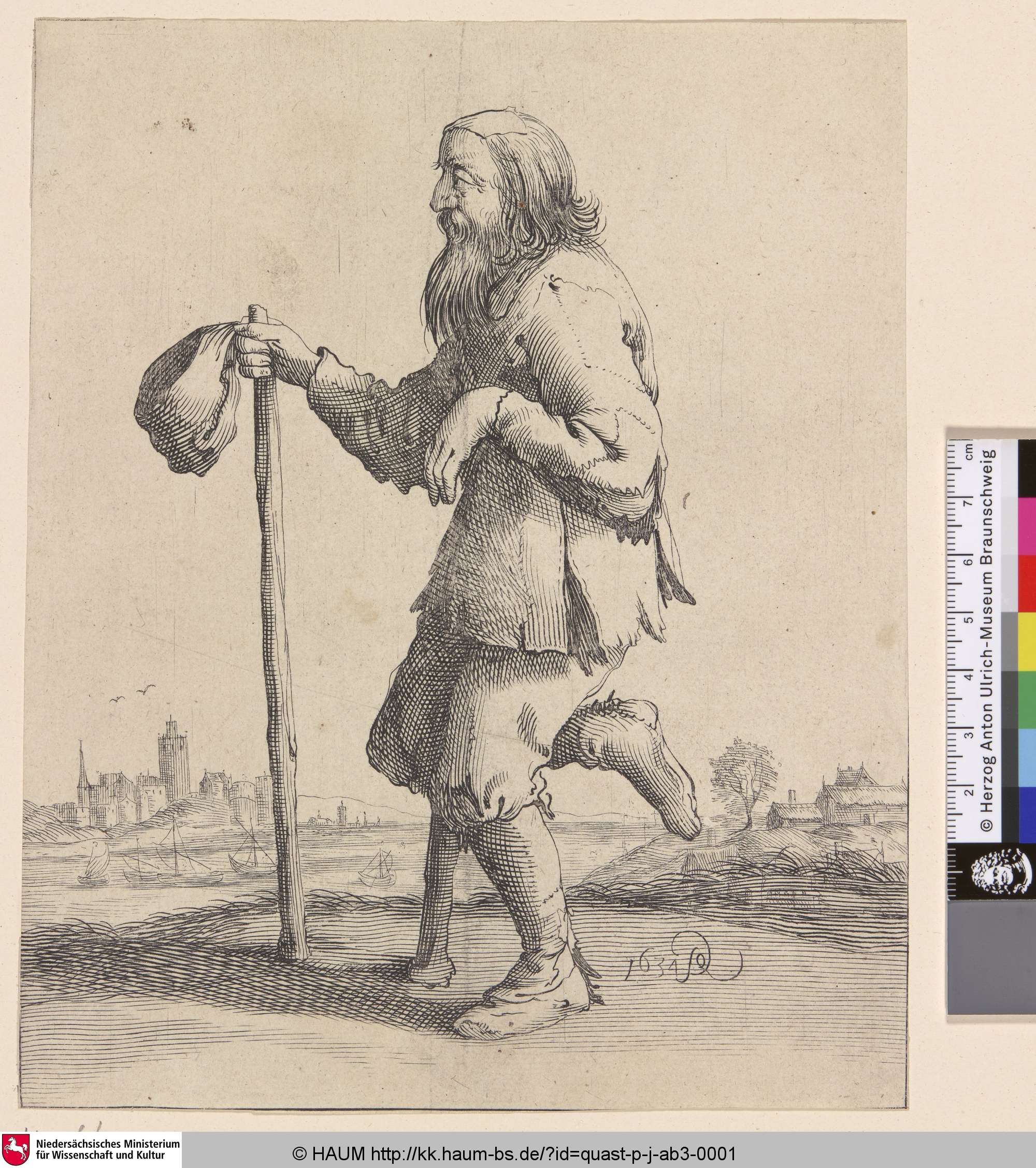 [Ein Bettler mit einem Holzbein; A male beggar with a wooden leg at centre, seen in profile to left, a river and a city in background], Pieter Quast, 1634