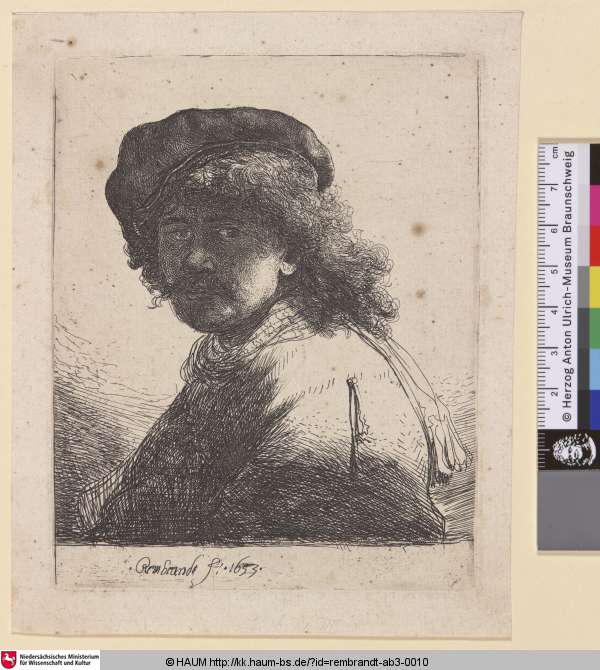 [Selbstbildnis mit Mütze, Schal und verschattetem Gesicht; Selbstbildnis mit der Schärpe; Self-Portrait in a Cap and Scarf with the Face Dark: Bust; Portrait de Rembrandt avec l'écharpe autour du cou], Rembrandt, 1633