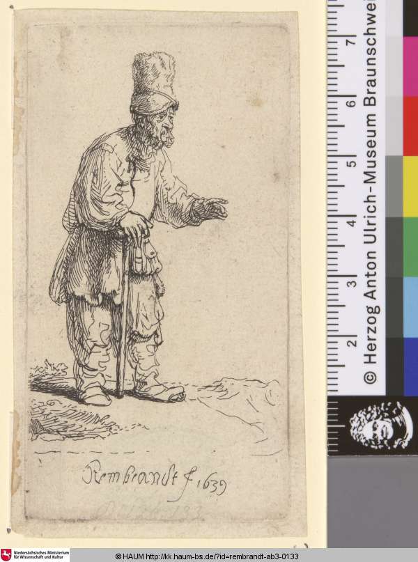 [Ein Bauer mit hoher Mütze und Gehstock; A Peasant in a High Cap, Standing Leaning on a Stick; Juif à grand bonnet], Rembrandt, 1639