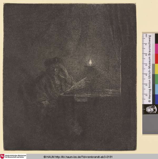 [Student am Tisch bei Kerzenlicht; Student at a Table by Candlelight; Homme méditant], Rembrandt, 1642