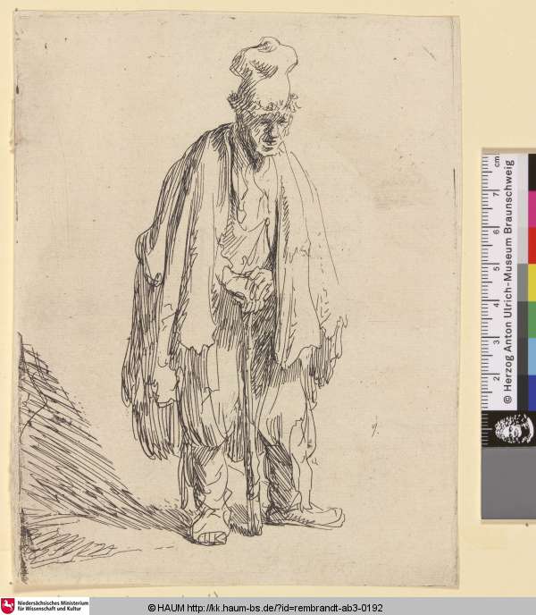 [Stehender Bettler mit hoher Mütze, an einen Stock gelehnt; Beggar in a High Cap, Standing and Leaning on a Stick; Gueux debout], Rembrandt, 1629