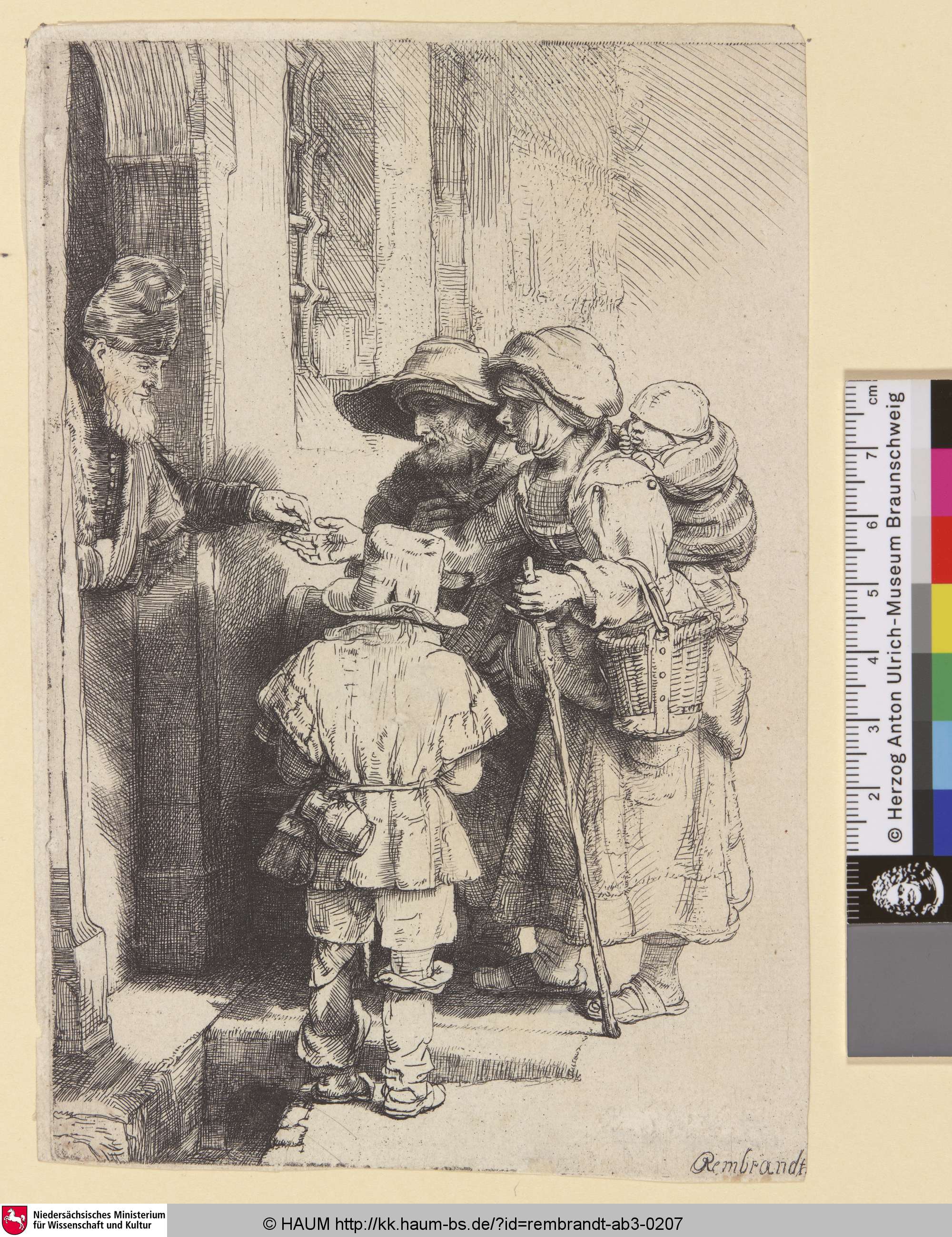 [Ein blinder Drehorgelspieler und seine Familie betteln um Almosen; A Blind Hurdy-Gurdy Player and Family Receiving Alms; Mendians à la porte d'une maison], Rembrandt, 1648