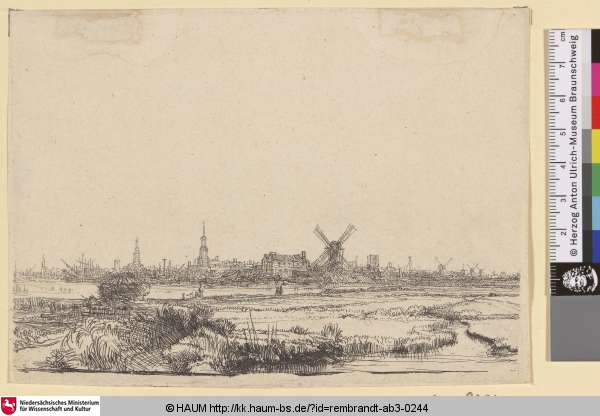 [Ansicht von Amsterdam; View of Amsterdam from the Kadijk; Vue ancienne d'Amsterdam], Rembrandt, 1641