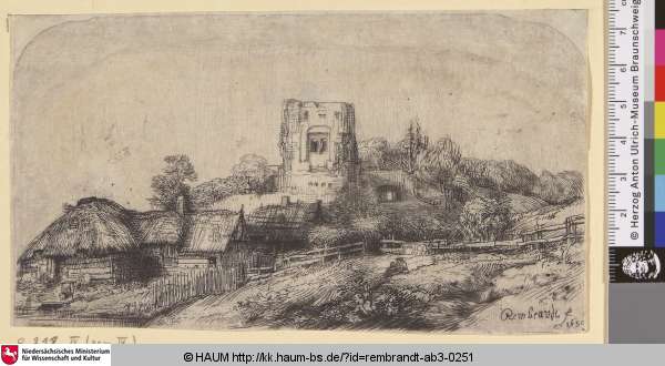 [Landschaft mit einem viereckigen Turm; Landscape with a Square Tower; Paysage à la tour carrée], Rembrandt, 1650