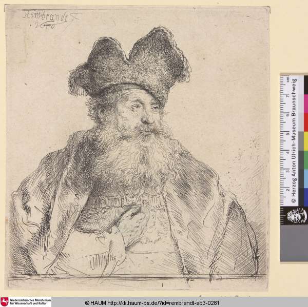 [Alter Mann mit gespaltener Pelzmütze; Old Man with a Divided Fur Cap; Vieillard à barbe carrée], Rembrandt, 1640