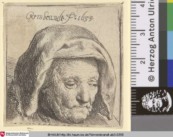 [Bildnis der Mutter des Künstlers mit einem Tuch als Kopfbedeckung; Kopf der Mutter Rembrandts; The Artist's Mother in a Cloth Headdress, Looking Down: Head Only; Tête de la mere de Rembrandt], Rembrandt, 1633