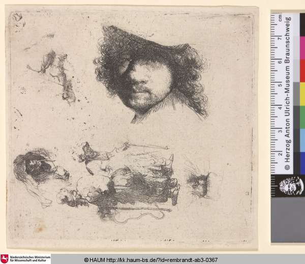 [Studienblatt: Studien und Skizzen, darunter ein Selbstbildnis des Künstlers, ein Bettlerpaar, Kopfstudien eines alten Mannes und einer alten Frau, etc.; Skizzenblatt mit Rembrandts Kopf; Sheet of Studies: Head of the Artist, a Beggar Couple, Heads of an Old Man and Old Woman, etc.; Griffonnemens, où se voit la tête de Rembrandt], Rembrandt, 1632