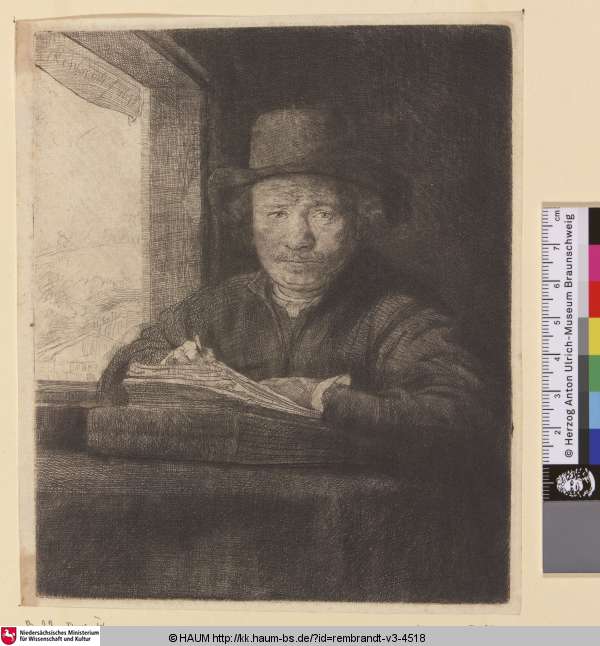 [Selbstbildnis am Fenster, zeichnend; Self-Portrait Drawing at a Window; Self-Portrait Etching at a Window; Rembrandt dessinant], Rembrandt, 1648