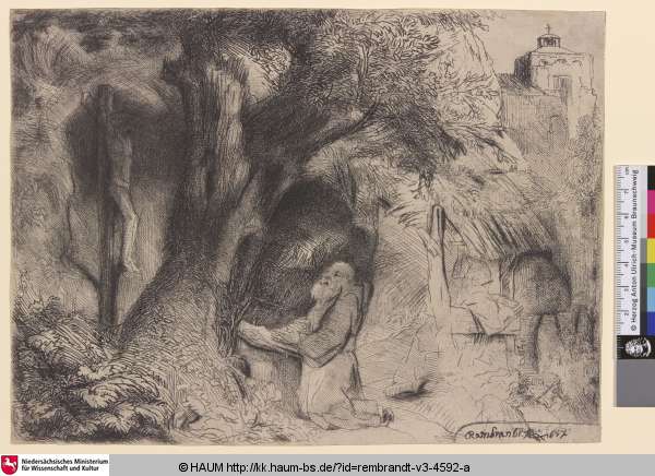 [Der Hl. Franziskus unter einem Baum im Gebet; St. Francis Beneath a Tree Praying; Saint François à genoux] — Rembrandt van Rijn
