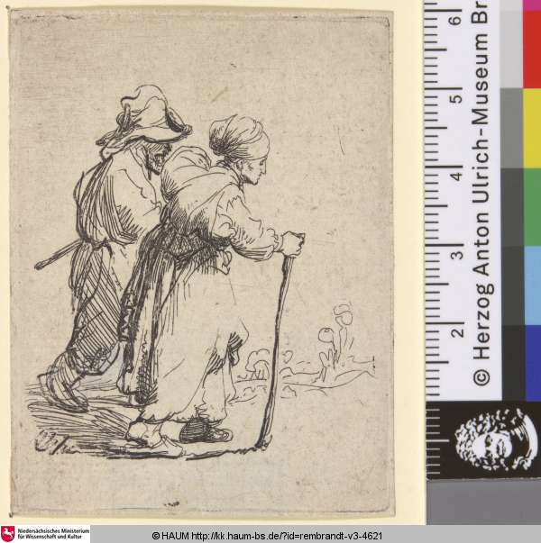 [Zwei Wanderer, ein Mann und eine Frau; Two Tramps, a Man and a Woman; Paysan et Paysanne marchant] — Rembrandt van Rijn