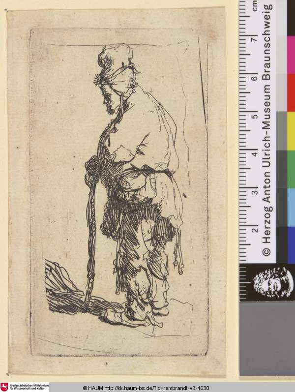 [Bettler an einen Stock gelehnt, nach links gewandt; Beggar Leaning on a Stick, Facing Left; Gueux debout], Rembrandt, 1630