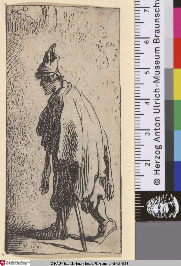 [Nach links gehender Bettler mit Stock; Beggar with a Stick, Walking to the Left; Gueux à manteau déchiqueté], Rembrandt, 1631