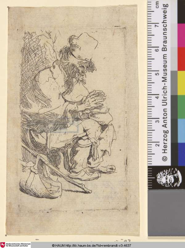 [Sitzender Bettler, seine Hände über der Glutpfanne wärmend; Beggar Seated Warming his Hands at a Chafing Dish; Gueux assis au bas d'un mur], Rembrandt, 1630