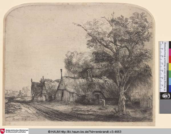[Landschaft mit drei giebeligen Hütten an einem Weg; Landscape with Three Gabled Cottages beside a Road; Le Paysage aux trois chaumieres], Rembrandt, 1650