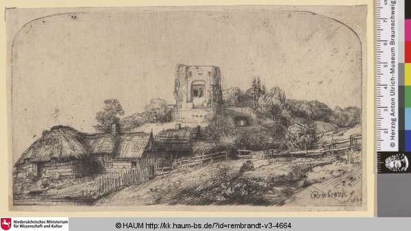 [Landschaft mit einem viereckigen Turm; Landscape with a Square Tower; Paysage à la tour carrée], Rembrandt, 1650
