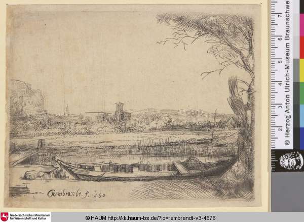 [Kanal mit einem großen Boot und einer Brücke; Canal with a Large Boat and a Bridge; Le paysage au bateau], Rembrandt, 1650