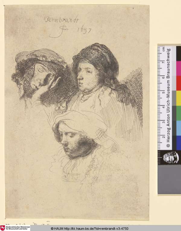 [Drei weibliche Kopfstudien, eine davon schlafend; Three Heads of Women: One Asleep; Trois têtes de femmes, dont une qui dort], Rembrandt, 1637