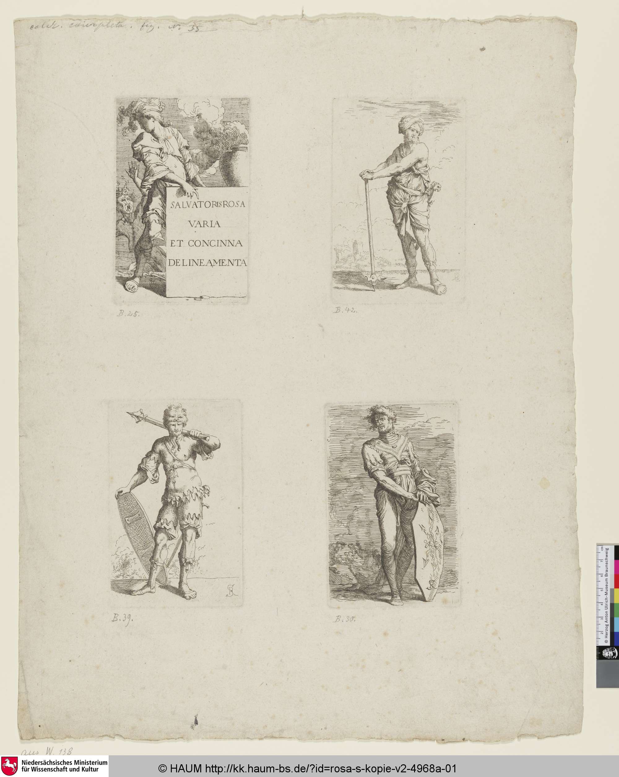 [[oben links:]Titelbild zu der Serie "Figurinen"; [oben rechts:] Stehender, exotischer, halbnackter Krieger, der einen Turban trägt und einen Kriegshammer hält; [unten links:] Ein stehender, exotischer Krieger, der einen Löwenkopfhut trägt sowie eine Keule und Schild hält; [unten rechts:] Krieger, der ein längliches, achteckiges Schild hält], Carlo Antonini, 1780