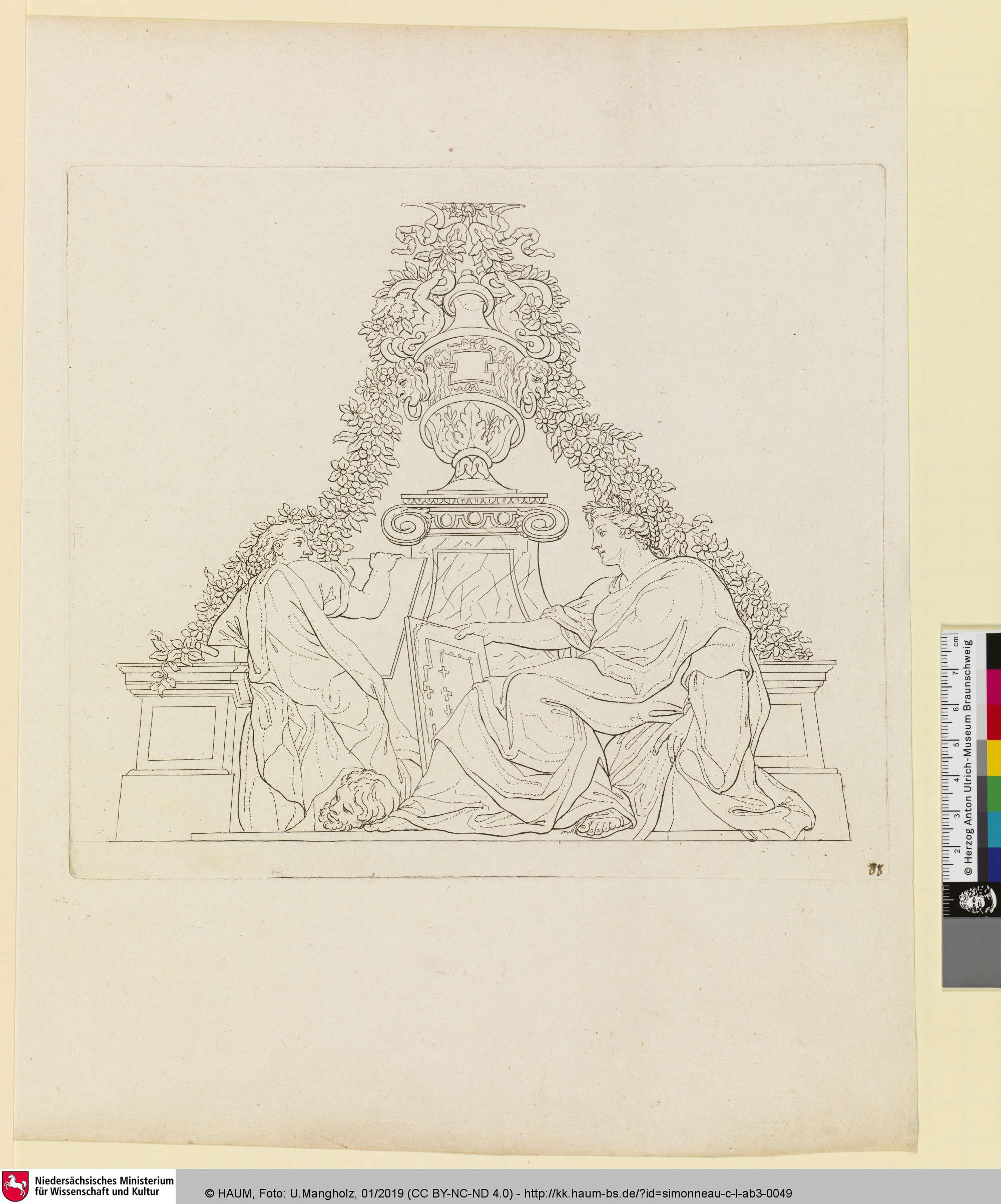 [Zwei weibliche Figuren mit mit dem Haupt eines Mannes], Charles Simonneau, 1725