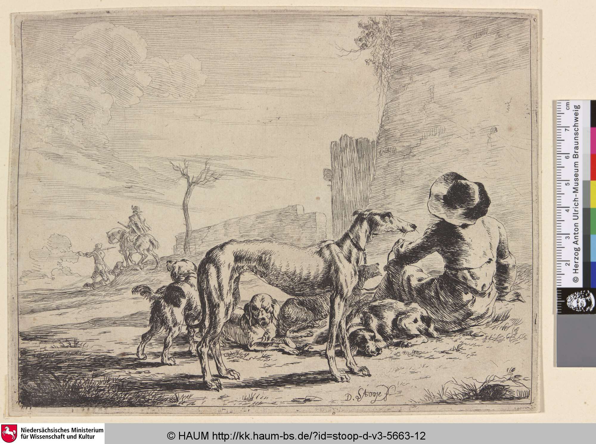 [Sitzender Mann mit fünf Hunden; Man, Seen on His Back; Un homme vu par le dos], Dirk Stoop, 1651