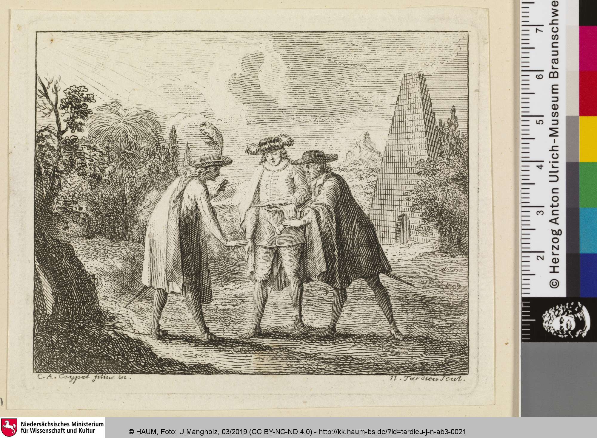 [Drei Männer mit Hüten und Schwertern stehen sich zugewandt in der Natur], Жак Николя Тардьё, 1736–1791