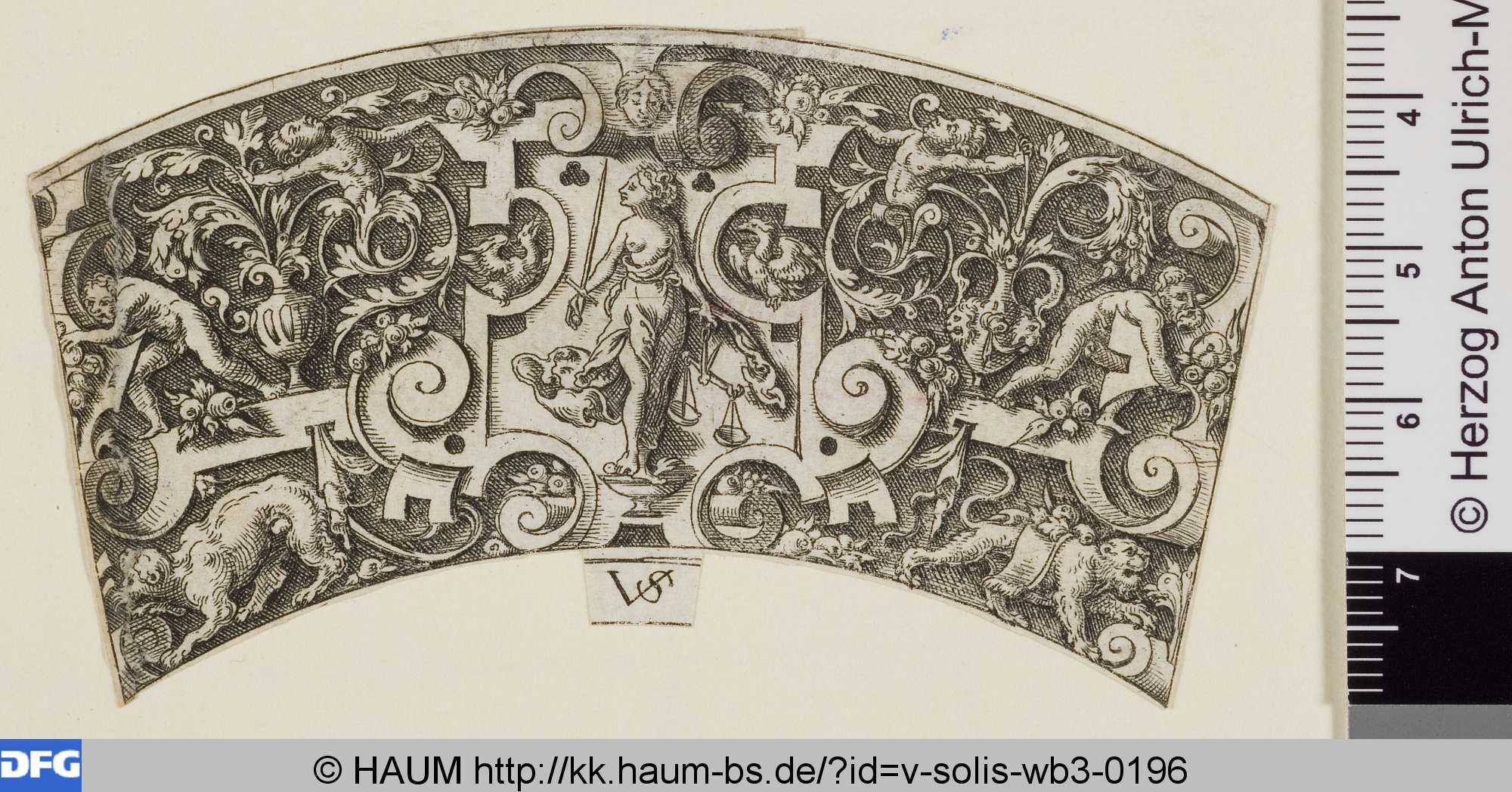 Teil einer Schalenumrandung mit der Justitia, Virgil Solis, 1534–1562