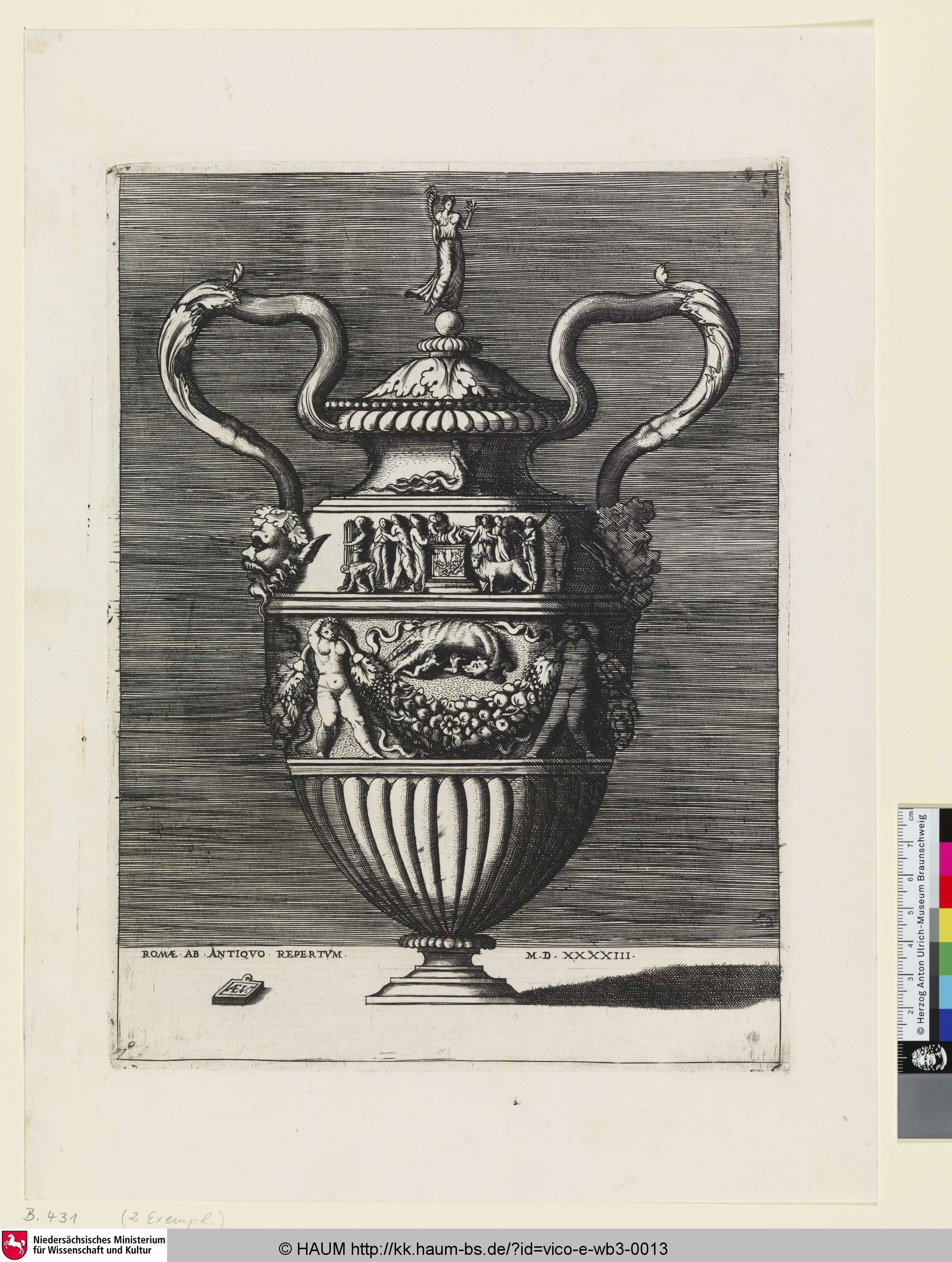 [Vase à deux anses, dont le corps est orné d'un sacrifice payen; Vase with a Pagan Sacrifice and the Capitoline Wolf; Vase mit einem heidnischen Opfer und der Kapitolinischen Wölfin], Enea Vico, 1543