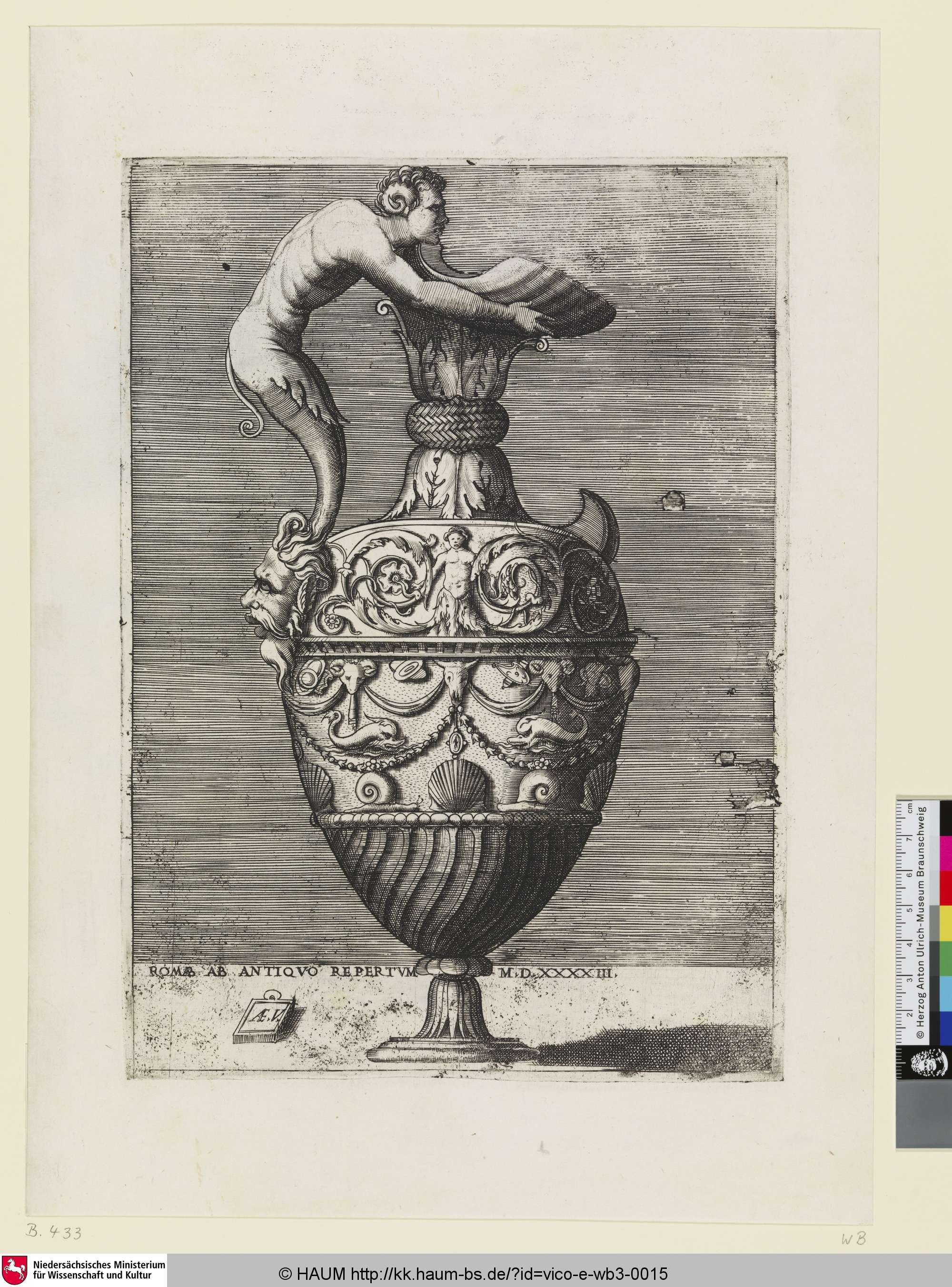 [Aiguière dont le corps est orné d'une sirène qui se termine en rinceaux; Ewer with a Satyr Holding a Large Conch; Vase mit einem Satyrn, der eine große Muschelschale hält], Enea Vico, 1543