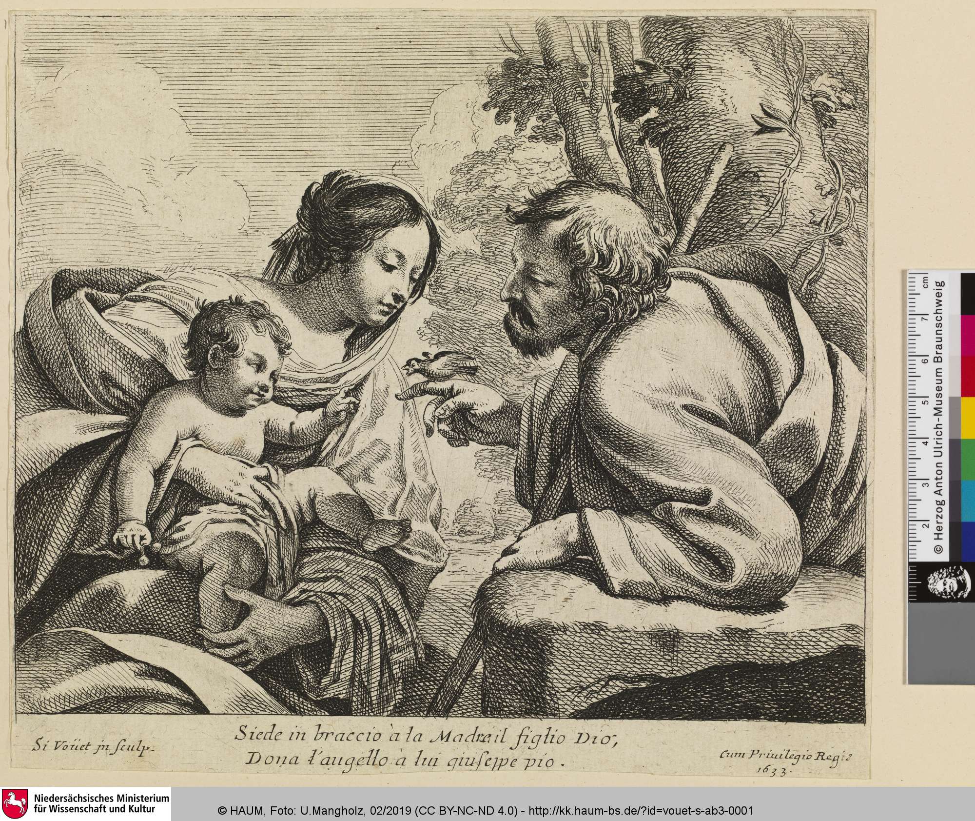 Siede in braccio à la Madreil figlio Dio, Dona l'angello à lui giuseppe pio., Simon Vouet, 1633