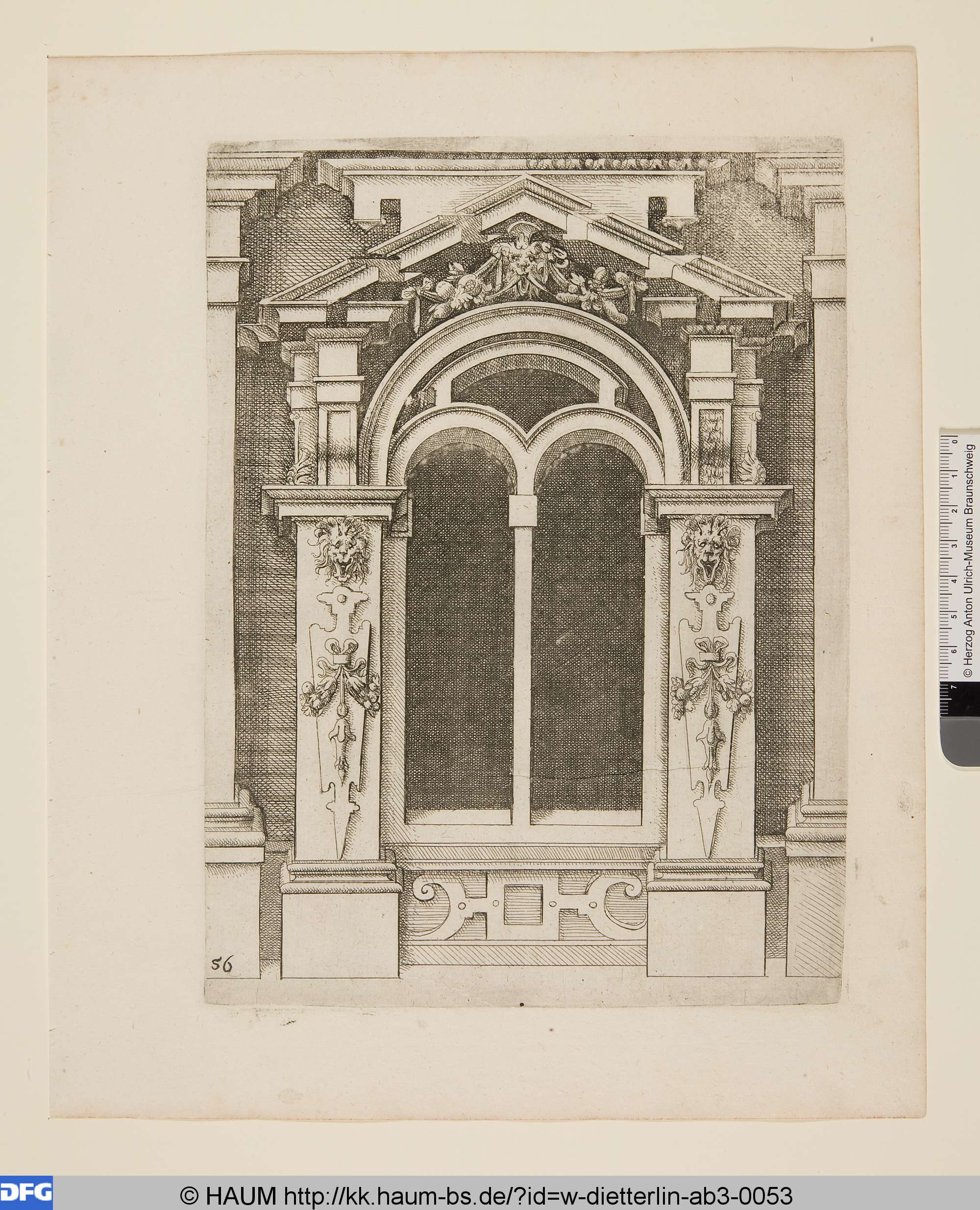 Zweigeteiltes Fenster mit Rundbögen, Balthasar Caimox, 1598
