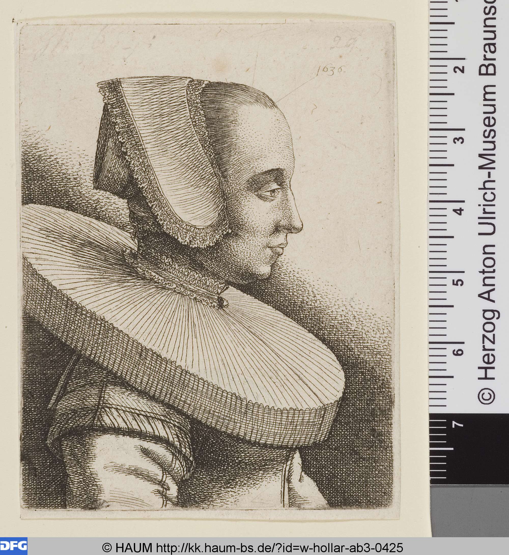 Brustbild einer Frau mit Mühlsteinkragen und Haube, Abraham Hogenberg, 1636