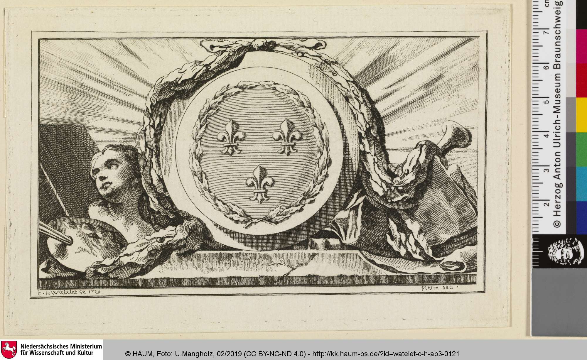 [Vignette mit umkränztem Schild mit Schwertlilien], Claude-Henri Watelet, 1759