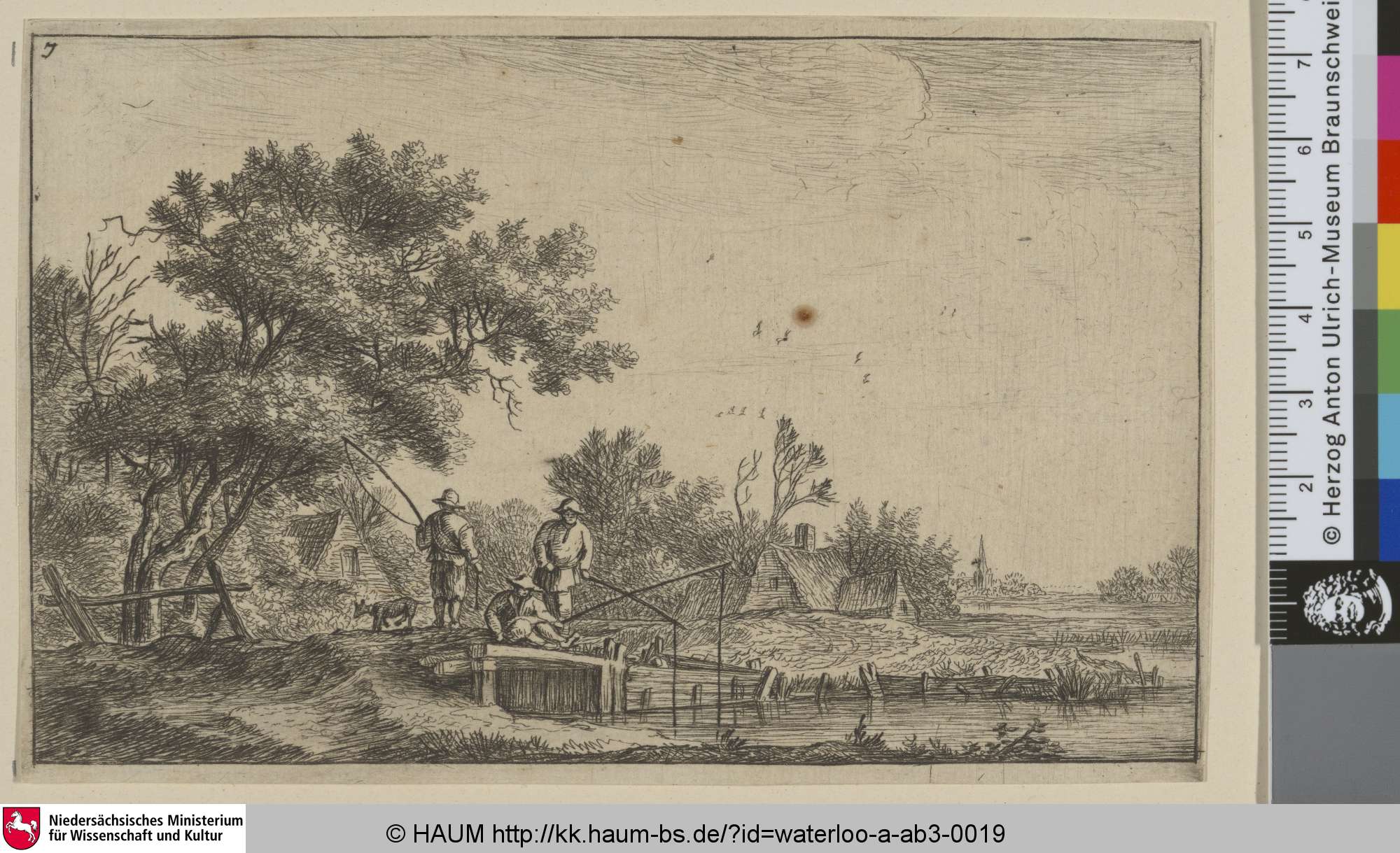 [Drei Angler auf einer kleinen Brücke; Three fisherman on a small bridge], Antonie Waterloo, 1629–1690