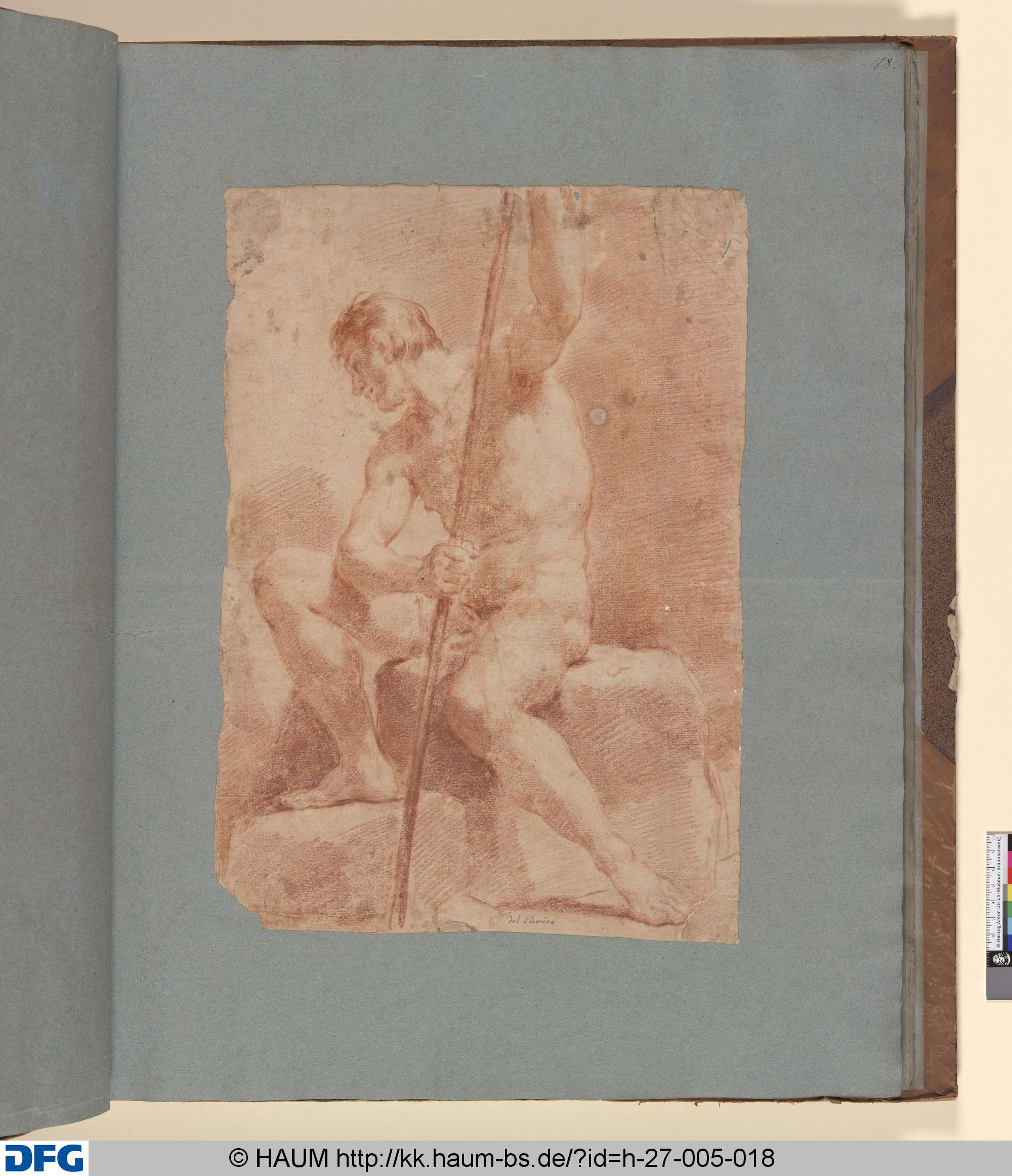 Sitzender männlicher Akt, im Profil nach links, beide Arme eine Stange ergreifend, Guercino