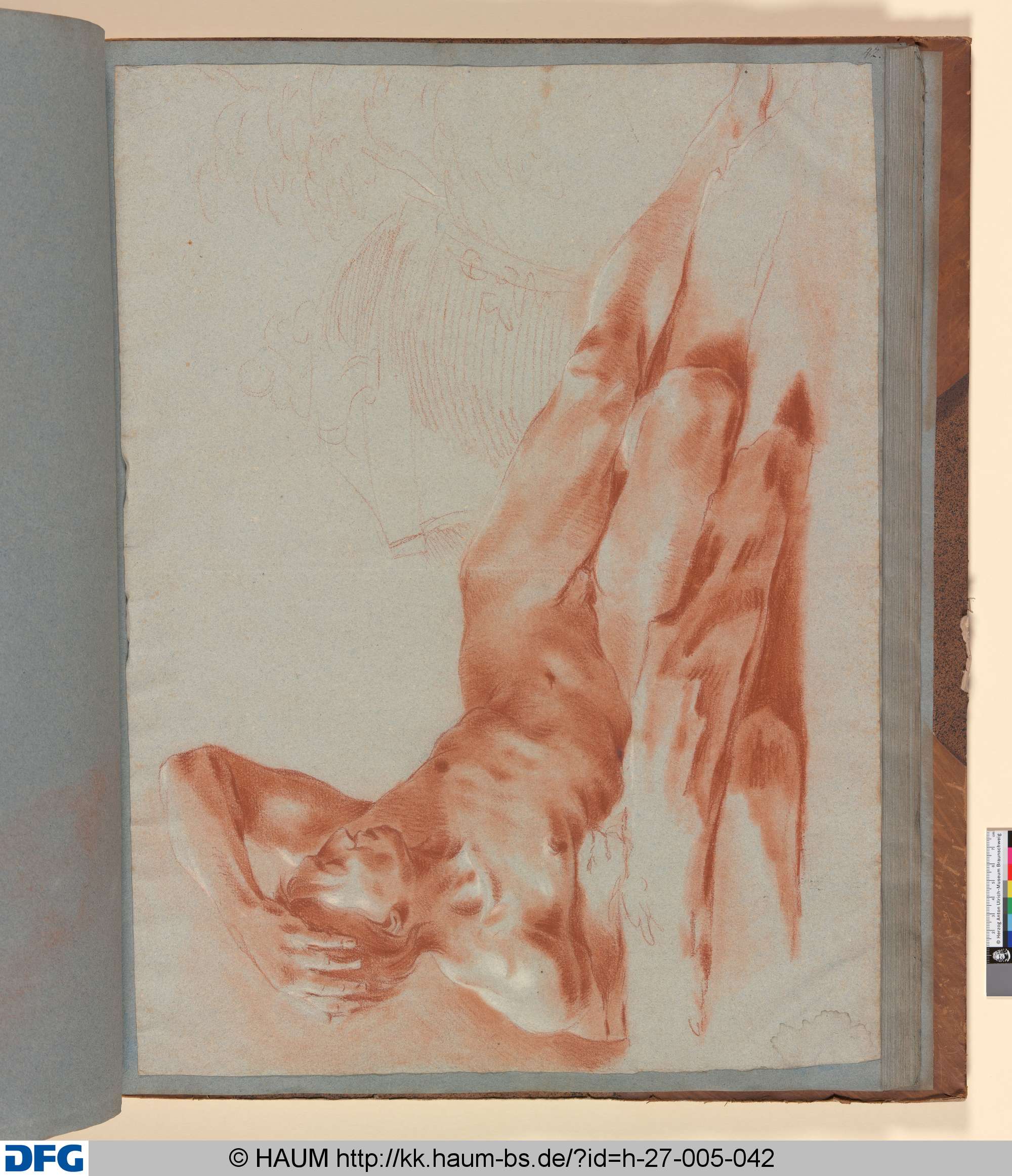 Liegender männlicher Akt, im Profil nach rechts, die linke Hand an den Kopf fassend, Giovanni Battista Piazzetta