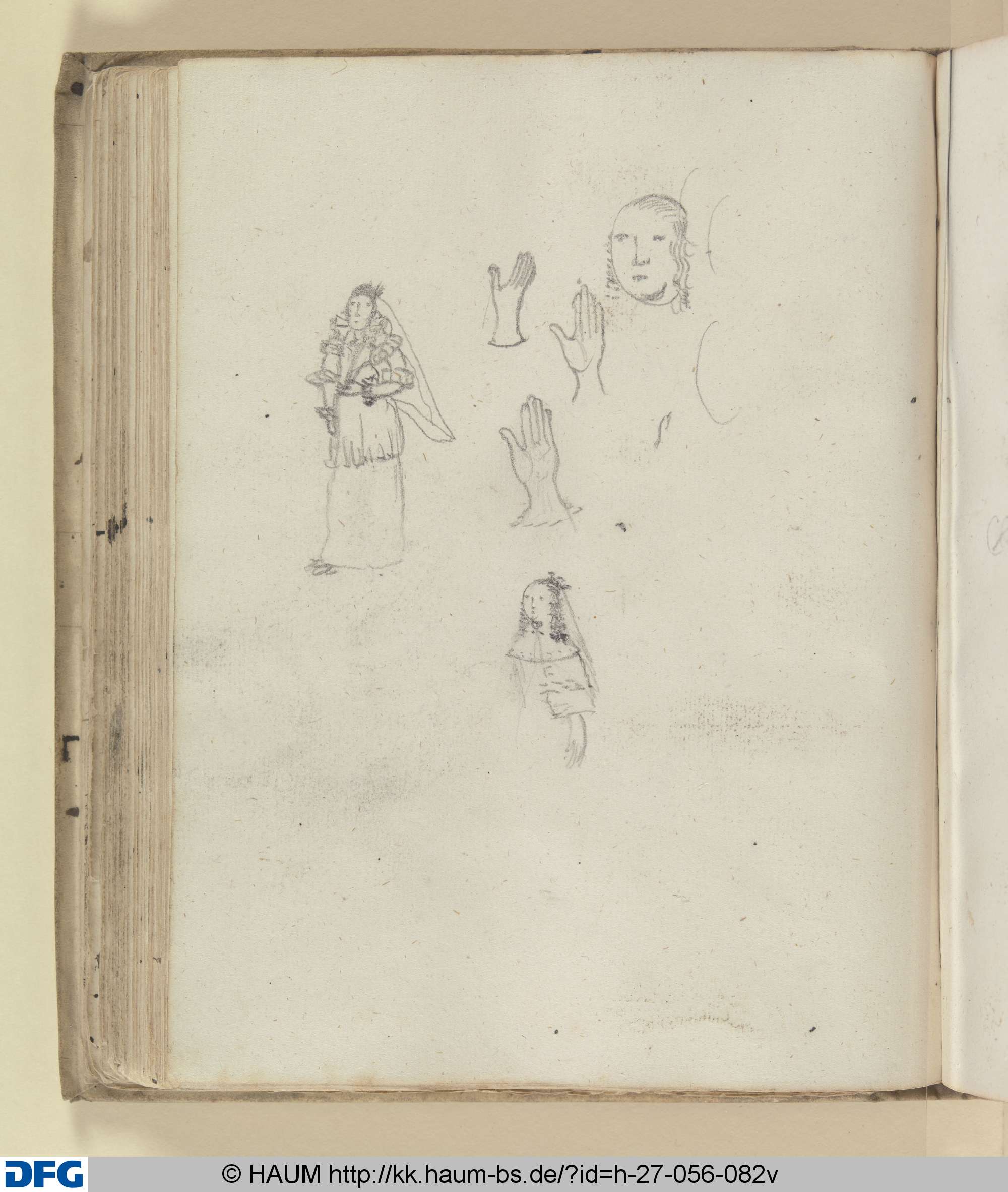 Zeichenkurs: Weibliche Figur mit Kleid und Schleier, Hände, Gesicht, Ferdinand Albrecht, 1642–1647