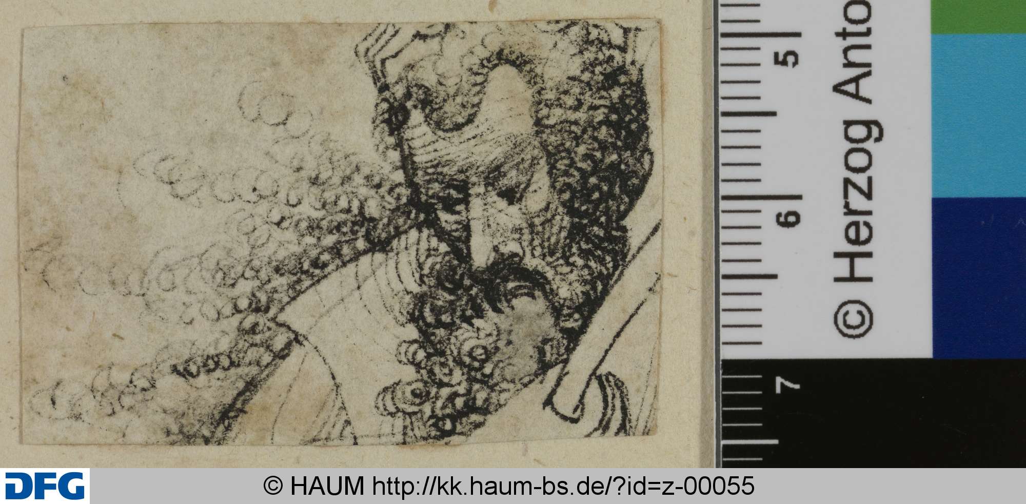 Kopf eines herabblickenden bärtigen Mannes, nach links, 1395–1405