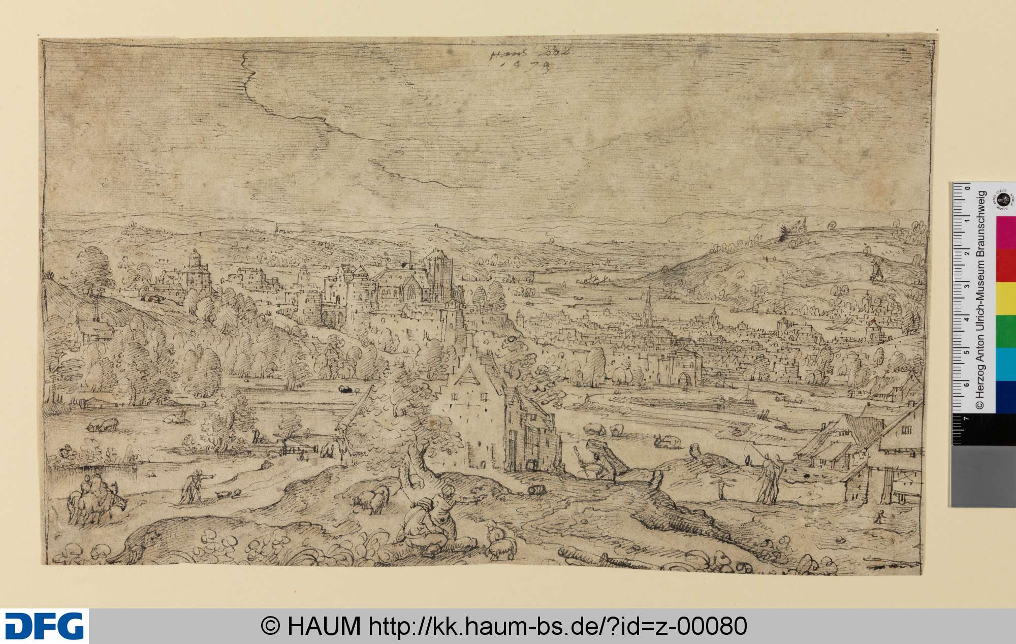 Landschaft mit Stadt an einem Fluss, 1573