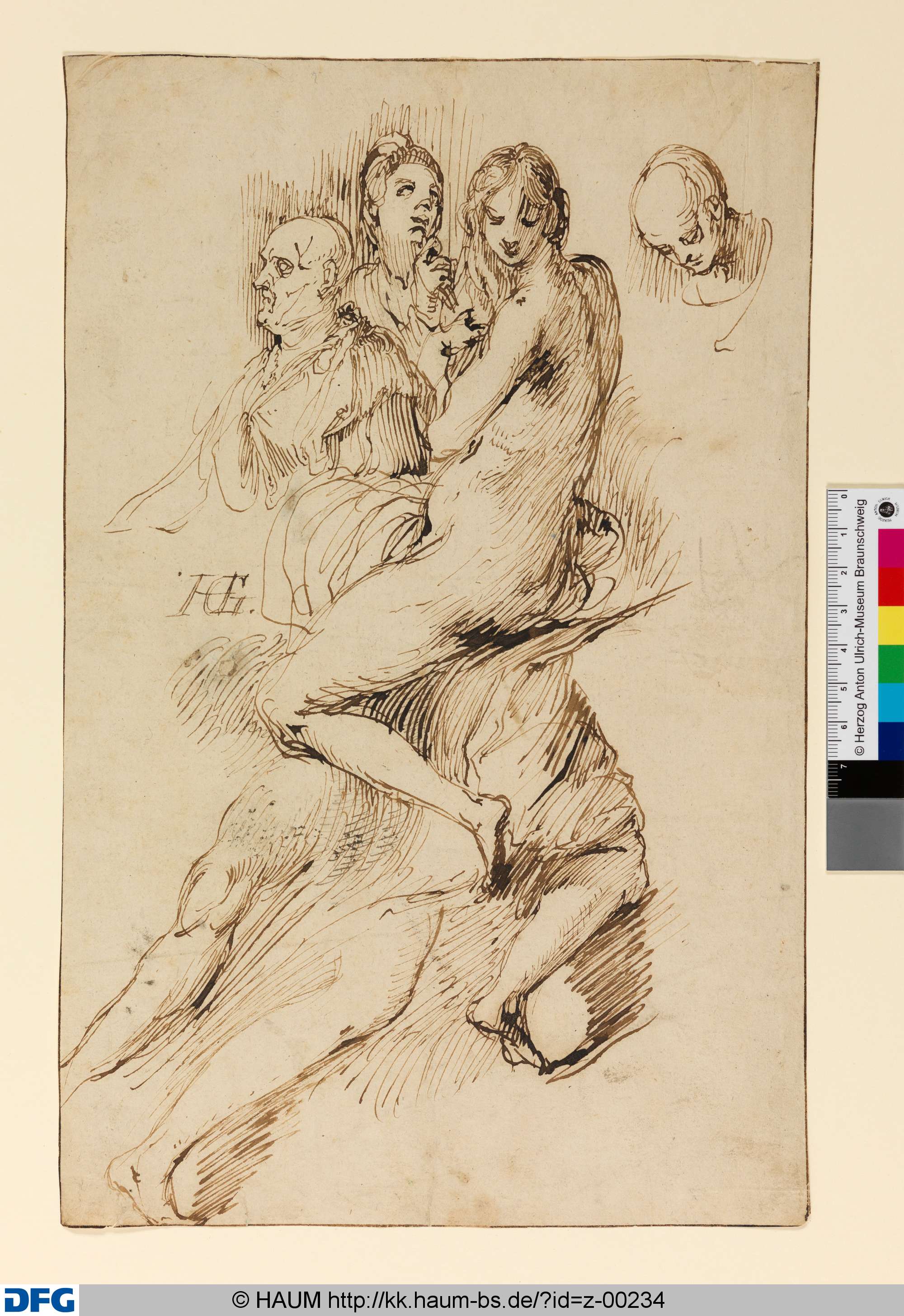 Studienblatt mit Figur einer Frau, drei Köpfen und drei Beinen, Hendrik Goltzius, 1578–1617