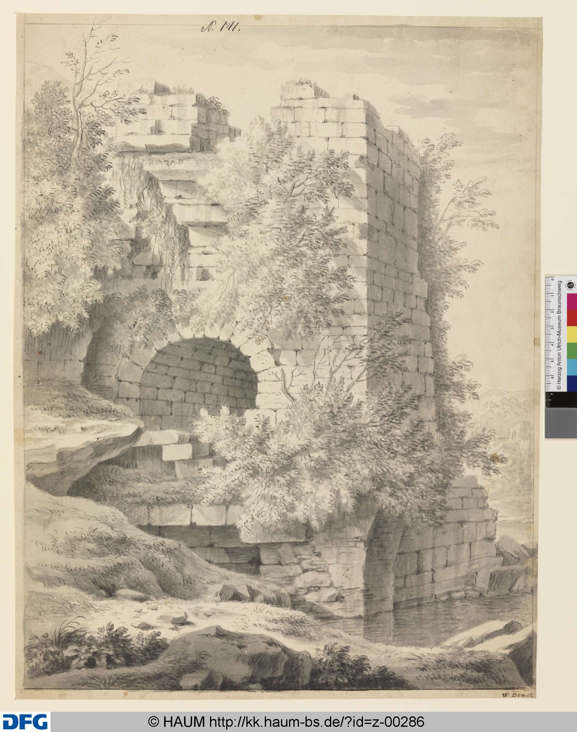 Antiker Torbau als Ruine zwischen Bäumen und Gebüsch, Willem van Bemmel, 1650–1708