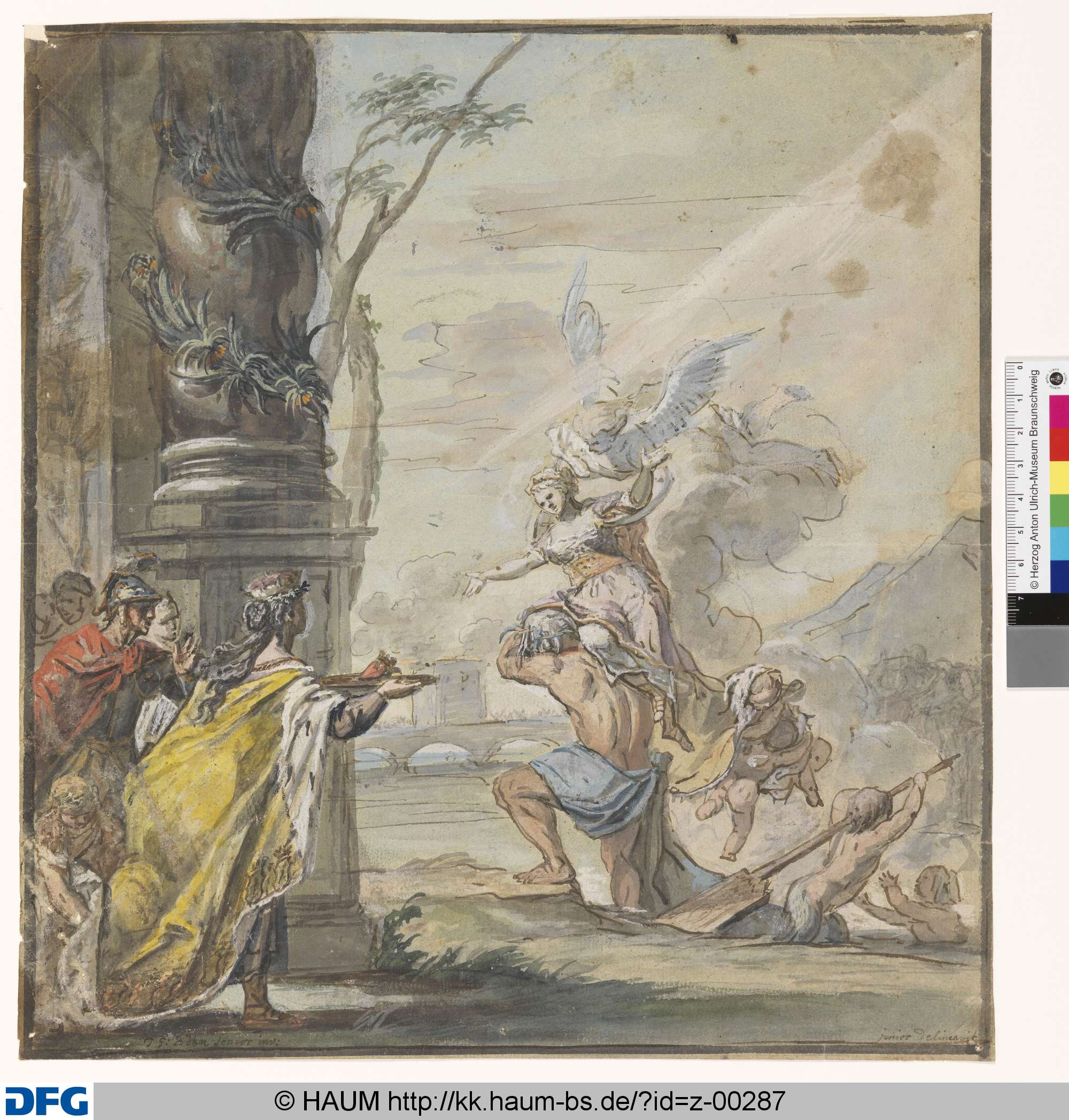 Flussgott bringt eine reich gekleidete Frau an Land, wo sie von einer Personengruppe erwartet wird, Johann George Böhm, 1716–1738