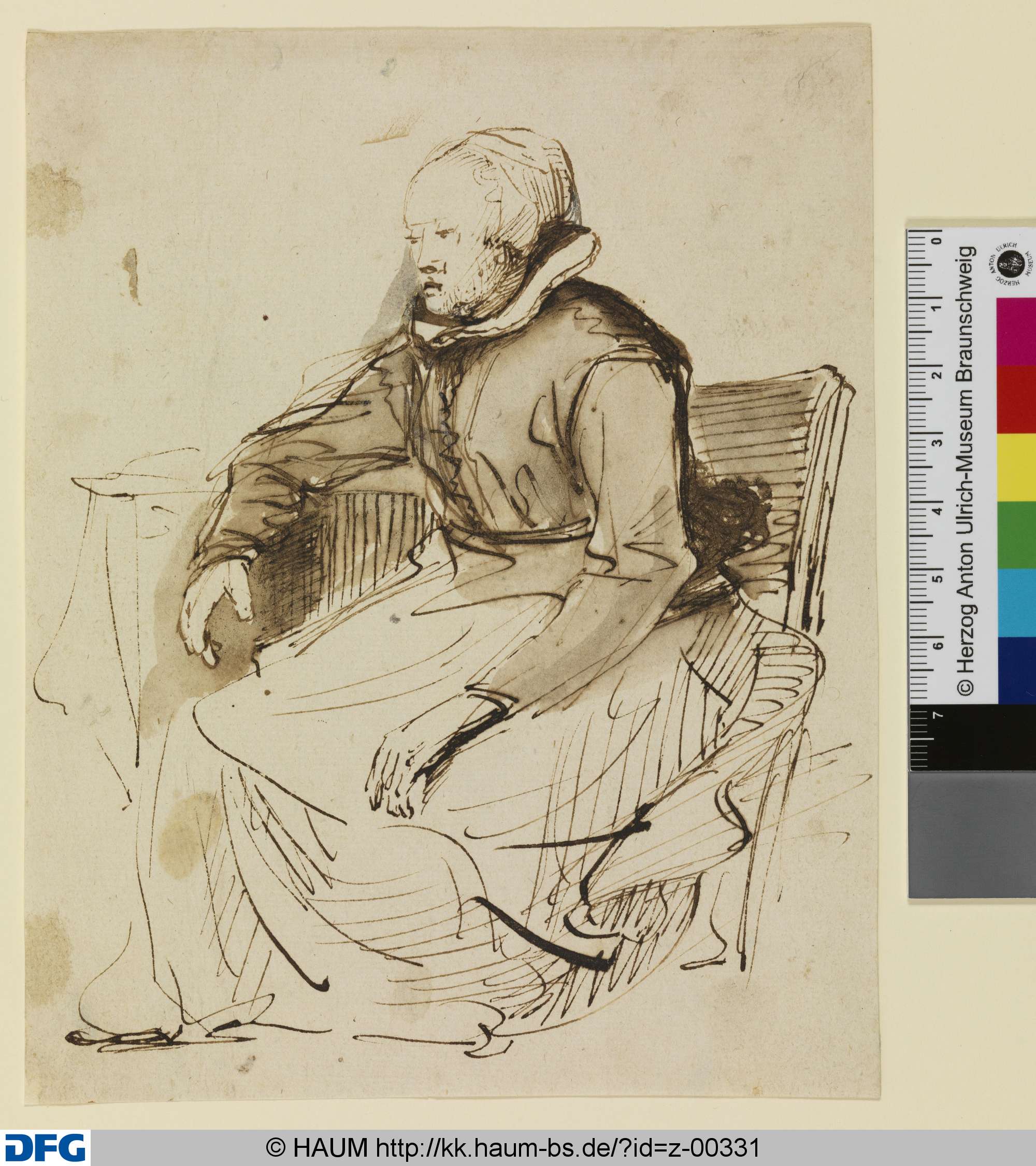 Frau am Tisch im Lehnstuhl sitzend, nach links gewandt, Rembrandt - Schule, 1636–1680