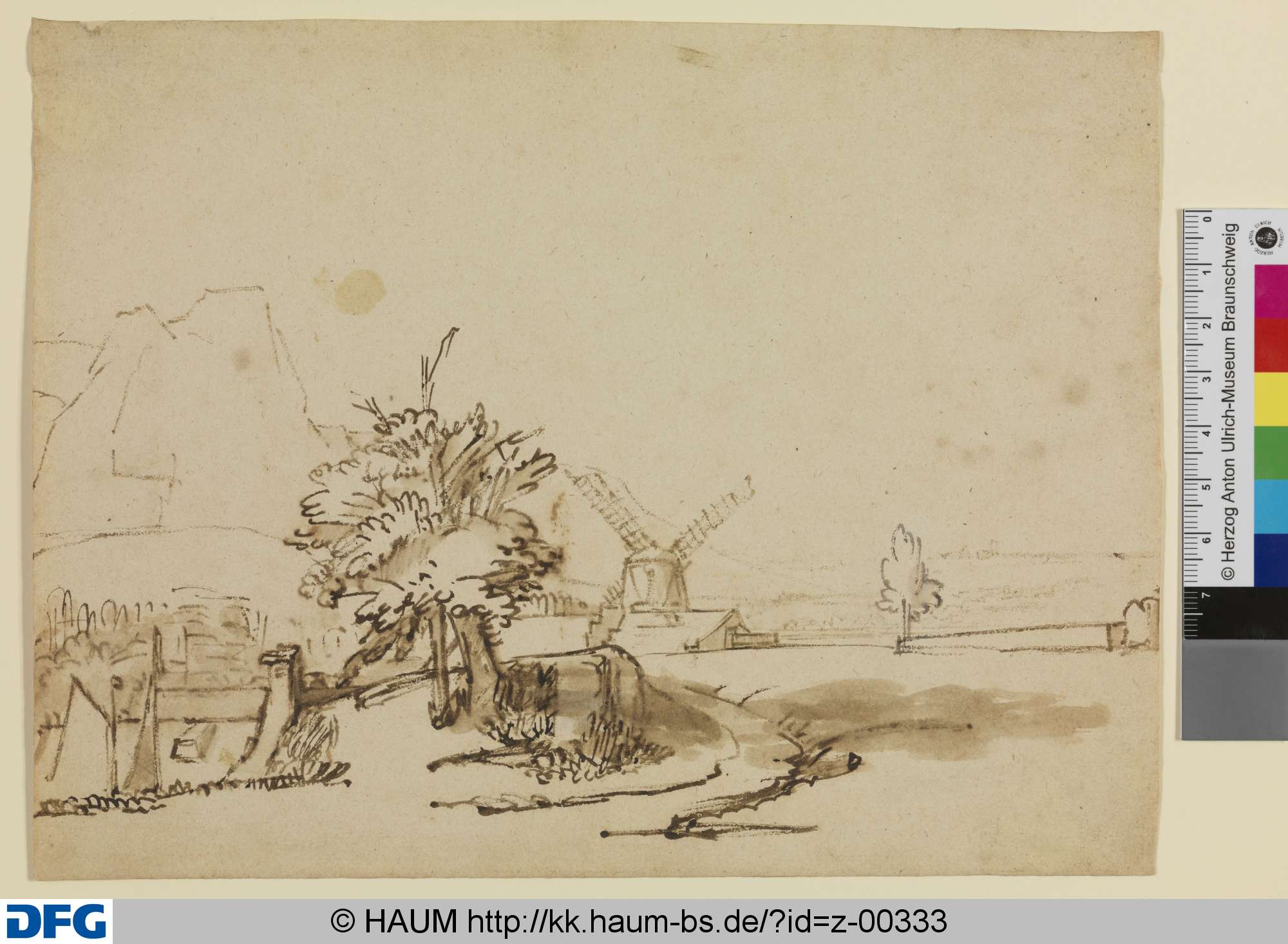 Landschaft mit Baumgruppe, Windmühle und Bergmassiv, Abraham Furnerius, 1648–1654