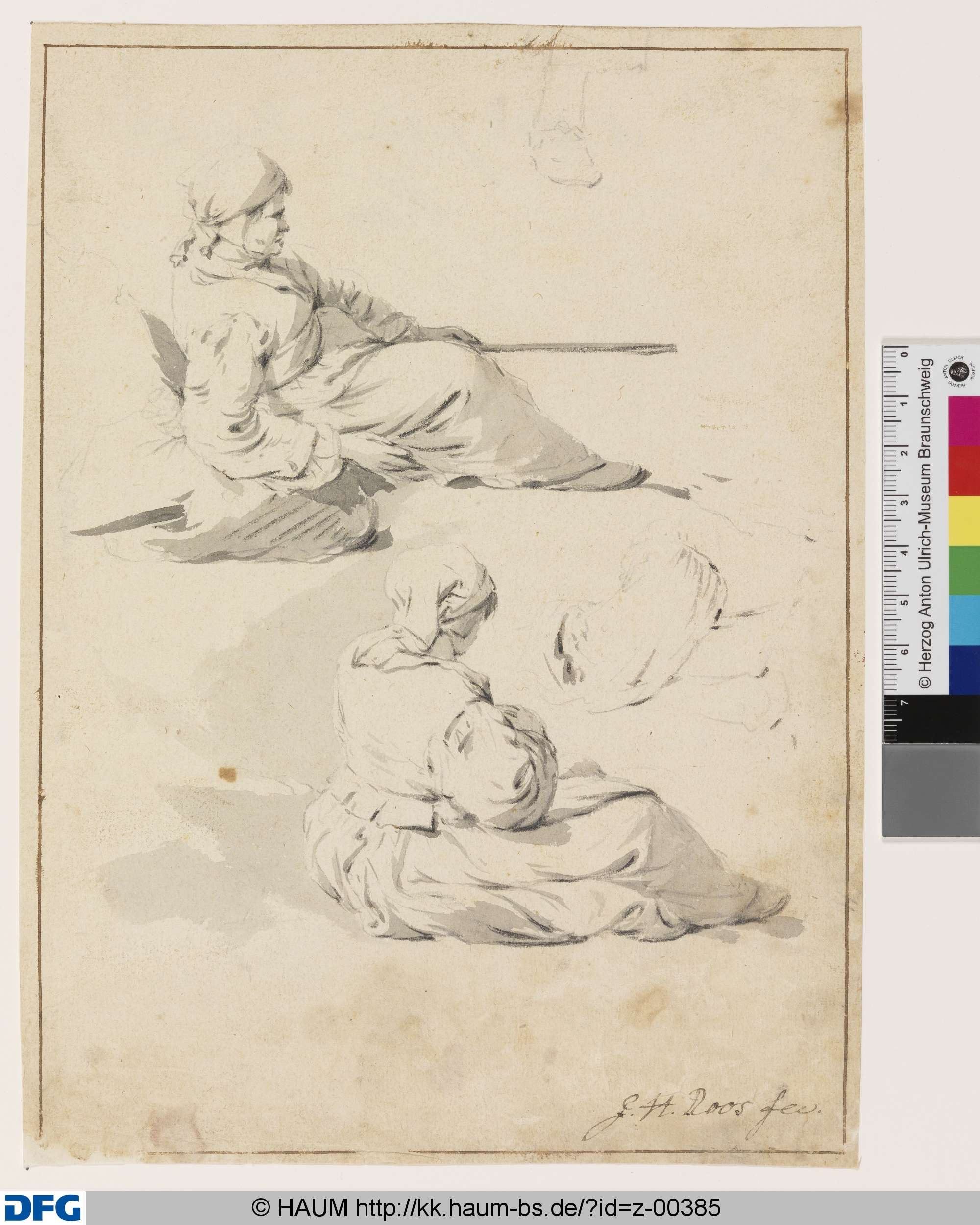 Zwei Studien von am Boden sitzenden Bäuerinnen, Studie eines Arms und eines Fußes, Johann Heinrich Roos, 1668–1678