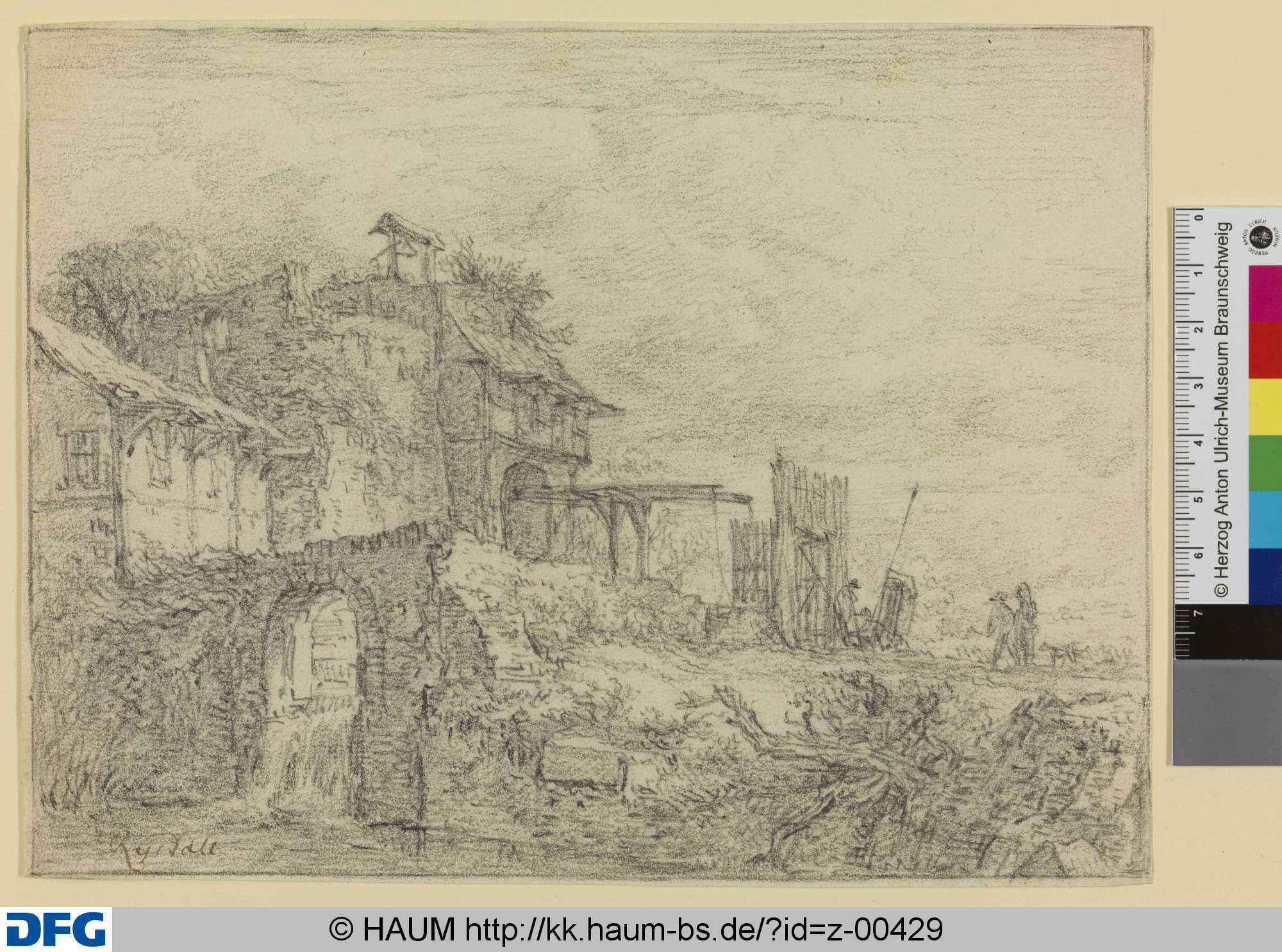 Fachwerkhäuser mit Zugbrücke und kleinem Wasserfall, Jacob van Ruisdael, 1645–1660