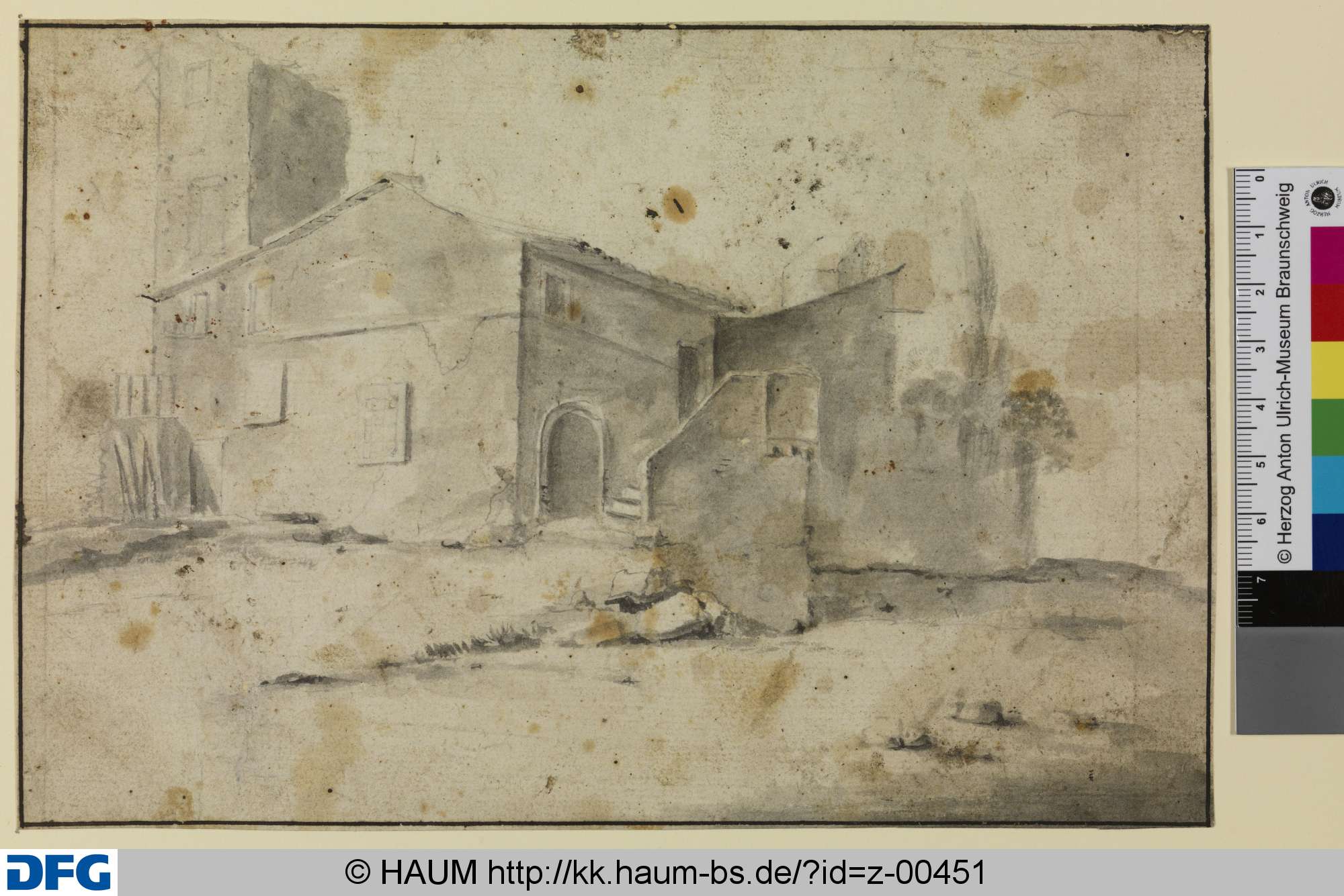Einstöckiges italienisches Haus mit halbzerstörtem viereckigen Turm, Bartholomeus Breenbergh, 1618–1657