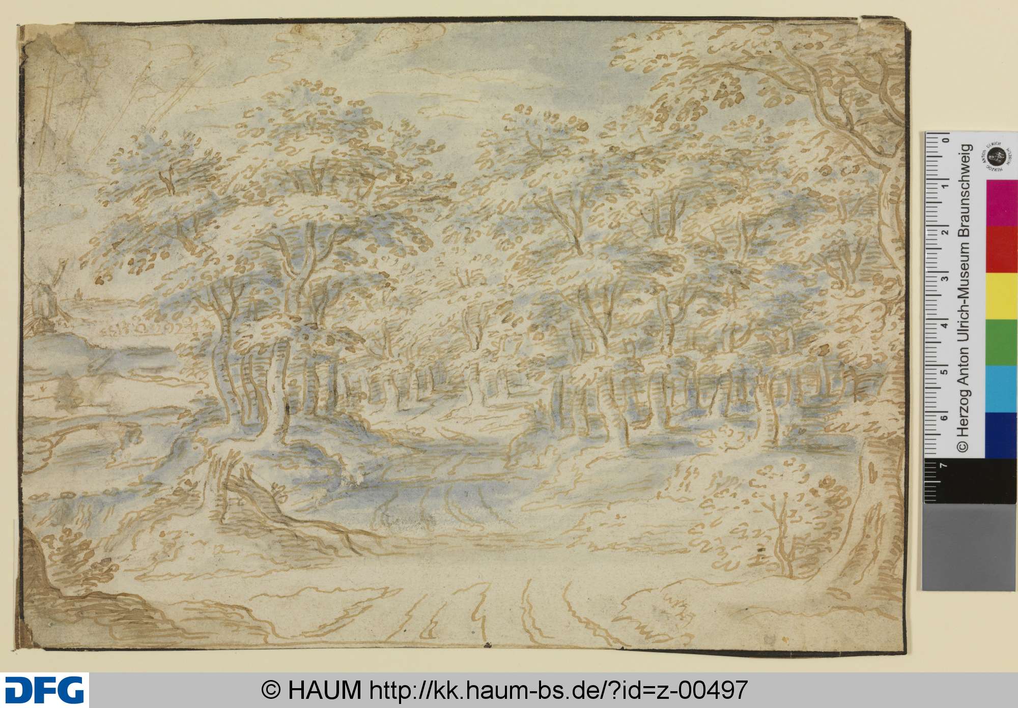 Straße durch einen Laubwald, hinten links eine Windmühle, 1620–1652