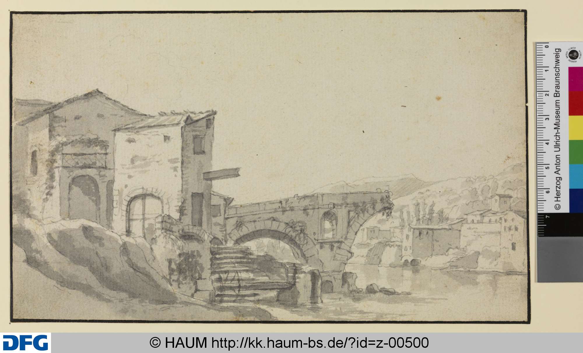 Italienische Flusslandschaft mit dem Rest einer gesprengten Brücke (Ponte Rotto?), Jan Asselijn, 1630–1652