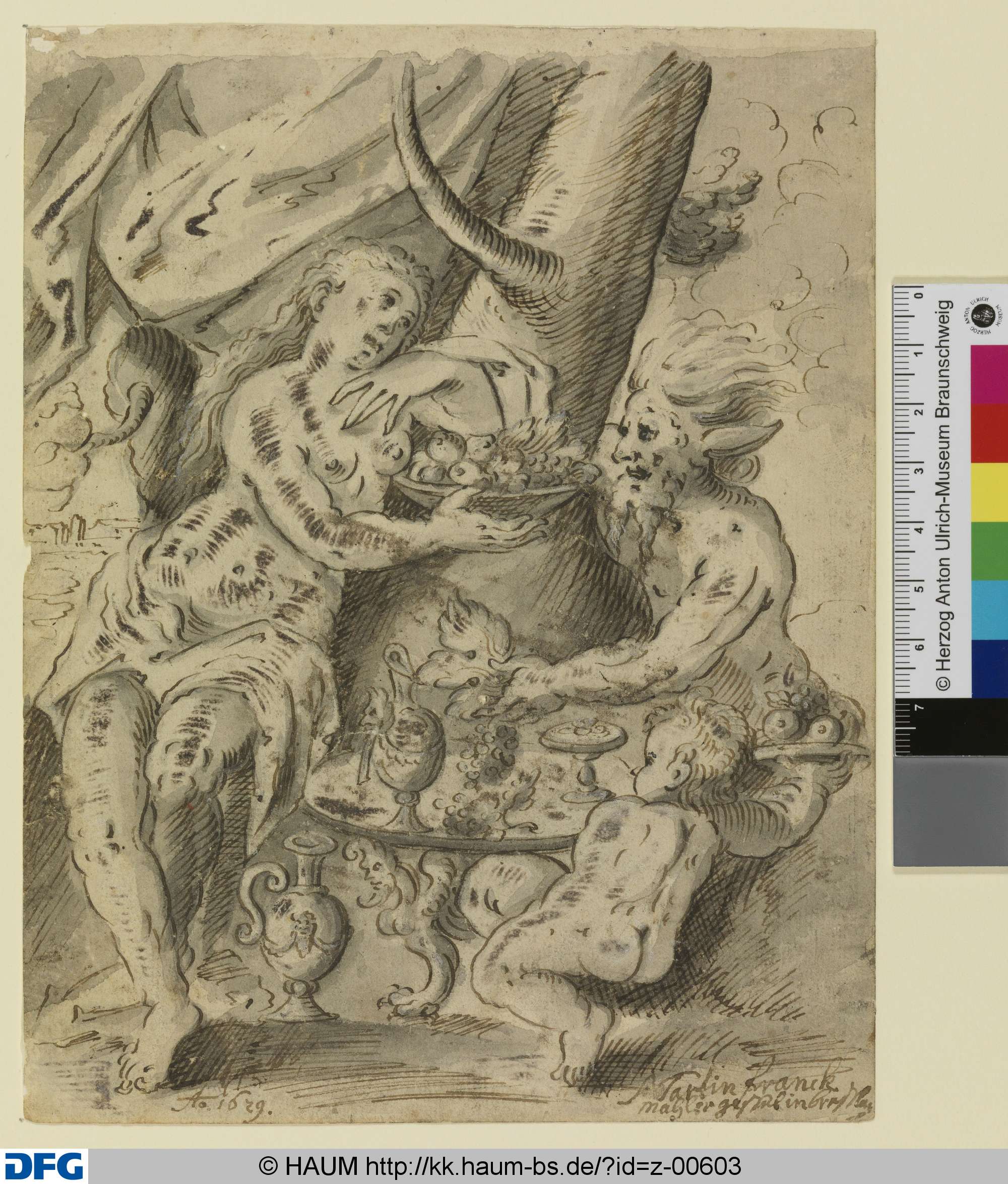 Nymphe, Satyr und ein Knabe beim Mahle, 1629